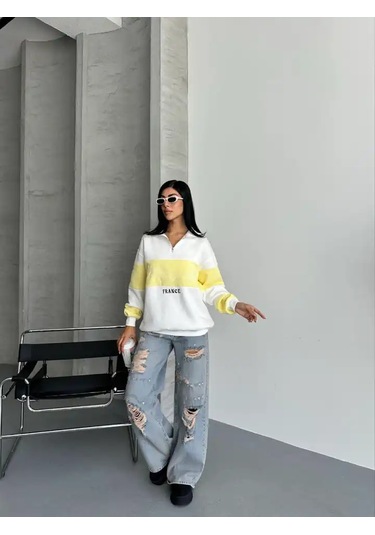 Yarım Fermuar Ikı Renklı Sweat Sarı