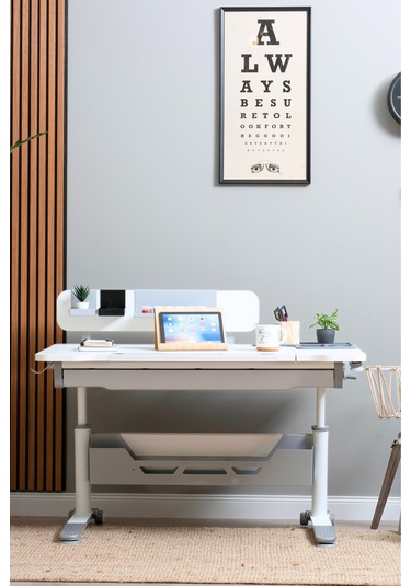 Sirius Standart Yükseklik Ve Eğim Ayarlı Çekmeceli Bilgisayar, Ofis Ve Çalışma Masası Beyaz Gri Gri