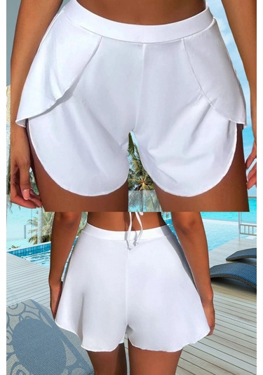 Kadın Beyaz Deniz Havuz Şortu Etek Görünümlü Yırtmaçlı Şık Model İçte Bikini Slip 1101 Beyaz