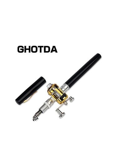 Taşınabilir Cep Teleskopik Mini Olta Kamışı Kalem Şekli Katlanmış Olta Makara Tekerleği İle Black