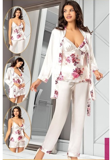 Xses 2155 Kadın Gulkurusu Saten Empirme Sabahlıklı 4'lü Pijama Takım Gulkurusu