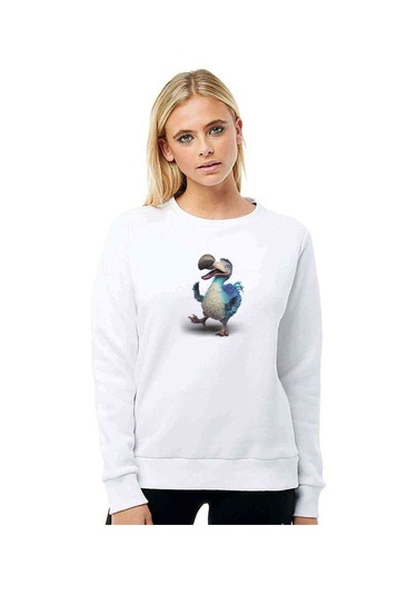 Deve Kuşu Bird Buz Devri Baskılı Beyaz Kadın Sweatshirt