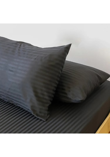 Çizgili Saten Yatak Çarşafı Lastikli 100x200 Yastık Kılıfı 50x70 Siyah
