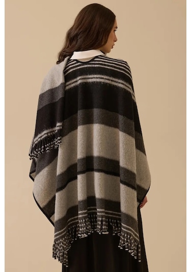 Kadın Çizgili Panço - Gri Gri