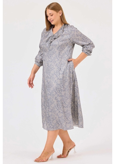 Galaxi Kadın Büyük Beden Desenli Fırfır Detaylı Elbise 4005 Mavi Mavi