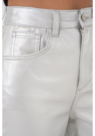 Kadın Yüksek Bel Parlak Pantolon 6738 - Gümüş Gümüş