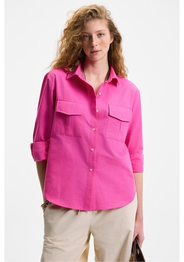 RIGO Kadın Gömlek Yaka Uzun Kol Regular Uzun İnce Fuşya Gömlek