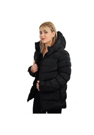 Freemen Kadın Siyah Kapüşonlu Polarlı Kürklü Su Geçirmez Rüzgara Dayanıklı Şişme Mont Siyah