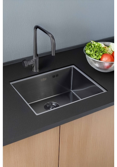 Dysnox Luna Serisi %100 Krom 60 x 45 CM Paslanmaz Mutfak Eviye Sifon Dahil Siyah