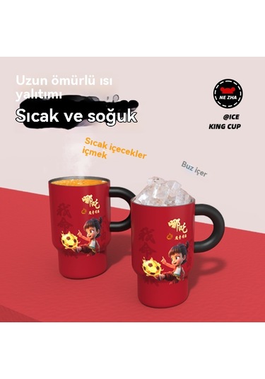 Aurora Nezha Sevimli Termos Bardağısu Bardağı Büyük Kapasiteli Öğrenci Kırmızı