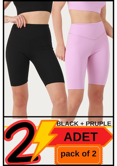 Kadın Yüksek Bel Toparlayıcı Kısa Siyah & Lila Şort Tayt 2'li Paket Lycralı Biker Shorts 21070 Siyah - Lila