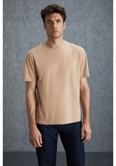 GRIMELANGE Solo Erkek %100 Organik Pamuklu Kalın Dokulu Comfort Fit Bisiklet Yakalı Bej T-shirt Bej