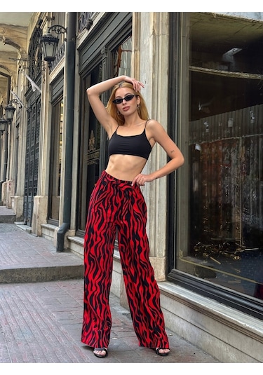 Kadın Yüksek Bel Kuşaklı Desenli %100 Viscose Pamuk Geniş Paça Şık Casual Büyük Beden Curve Pantolon Kırmızı