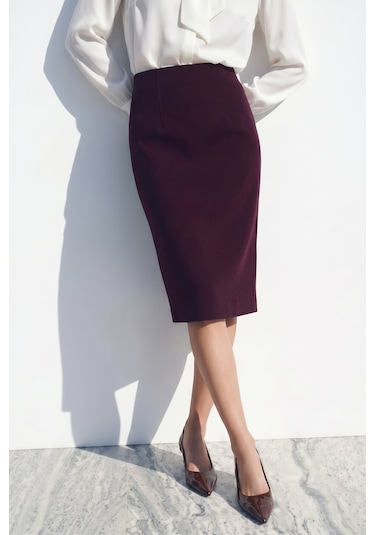 Sateen Düz Kalem Etek - Mürdüm-137388