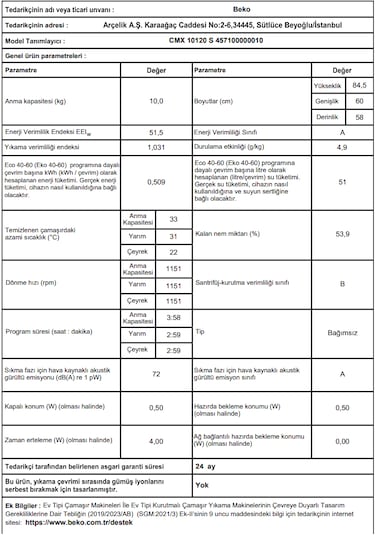 Beko CMX 10120 S 1200 Devir 10 KG Çamaşır Makinesi