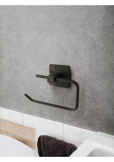 Siyah Yapışkanlı Tuvalet Kağıtlık Halka Havluluk Askısı Ve Fön Makinesi Askısı Seti Banyo Seti Siyah