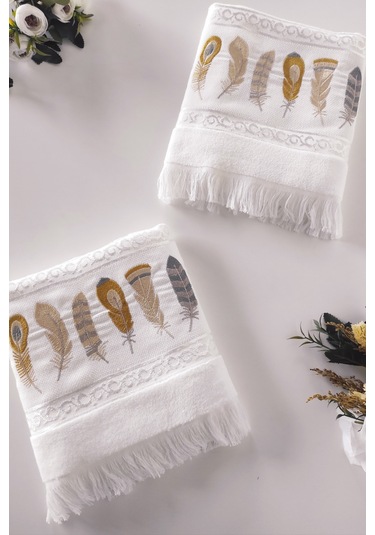 2'li Nakışlı Kadife El Havlusu -jakarlı Tüy İşlemeli Yüz Havlusu - %100 Pamuk Beyaz Beyaz