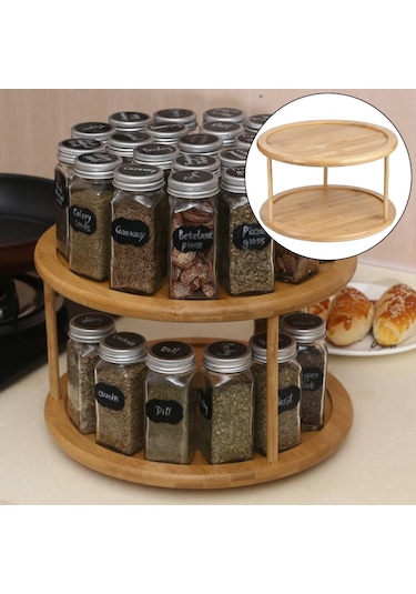 Suntek 2 Katmanlı Ahşap Pikap Baharatlık Mutfak Dolabı Dönen Organizatör Bej