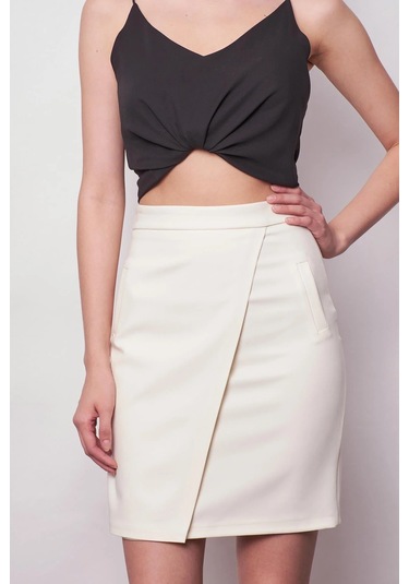 Yüksek Bel Anvelop Kruvaze Hafif Likralı Kumaş Kalem Ofis Etek-krem Krem