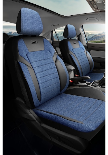 Mavi - Siyah Butti Lino Serisi Keten Kumaş Premium Oto Koltuk Kılıfı Ortopedik Destekli, Ön Arka Tam Set