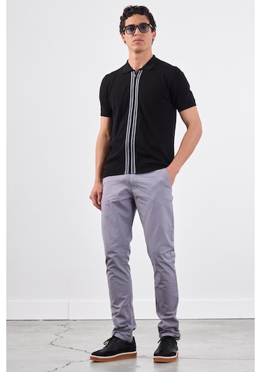 Siyah Polo Fermuar Yaka Düz Kısa Kollu Slim Fit Erkek Triko Siyah