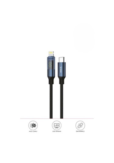 Torima U22 Type-c To Lightning 27 W Led Ekranlı Dayanıklı Örgü Hızlı Şarj Kablosu Siyah