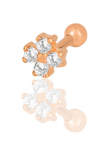Gümüş Rose Zirkon Taşlı Dört Yapraklı Yonca Tragus Helix Piercing Küpe Gümüş