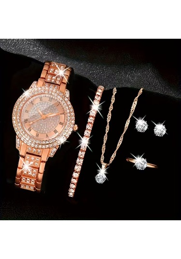 Elegant Saat İle Kolye+küpe+yüzük+bileklik 6 Parça Takı Seti Altın