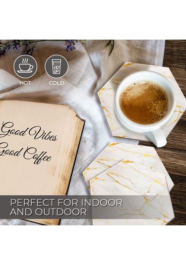 Geeroyoo 8 Parça Mermer Desenli Seramik Bardak Altlığı Seti Süper Emici, Sıcak Ve Soğuk İçecekler İçin Mantar Tabanlı Şık Tel Stand Dahil Beyaz/altın