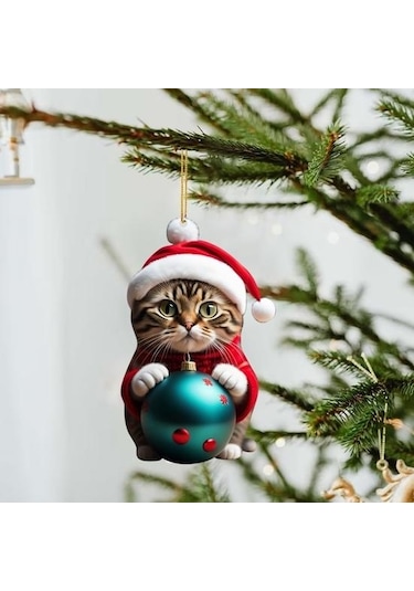 Canlı Renk Süper Sevimli Araba Kedi Santa Charm Akrilik Şapka Yavru Noel Ağacı Asılı Dekorasyon H