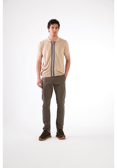 Bej Düz Erkek Triko - Slim Fit Bej