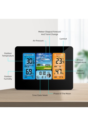 Xindoker Siyah Renkli 6.6" Lcd Ekranlı Hava Durumu Takvimi - Sicaklık, Nem, Barometre, Alarm Ve Ay Fazı Gösterimi Siyah