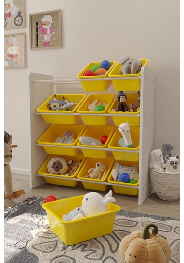 12 Sepetli Çok Amaçlı Oyuncak Dolabı Montessori Dolap Sarı