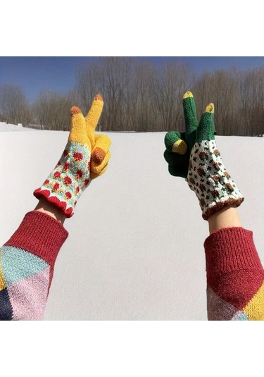 Elmpaly Pembe Kışlık Bisiklet Kayak Eldiveni Çiçek Desenli Rüzgar Koruma Dokunmatik