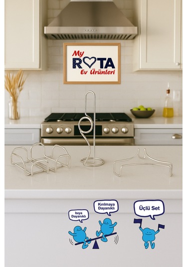 Servis Sunum Seti, Rota Kağıt Havluluk, Kare Peçetelik, Üçgen Nihale, Üçlü Set, Paslanmaz Çelik Tel Krom