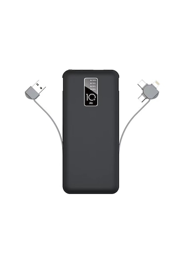 Micro/lightning/type-c Kablo 10000 Mah Powerbank Led Işıklı Pil Göstergeli Güvenli Batarya Siyah