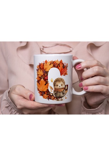 C Harf Sonbahar Yaprak Temalı Kupa Bardak - Sevimli Figürler İle Alfabe Harfli Bardak - Kişiye Özel Beyaz