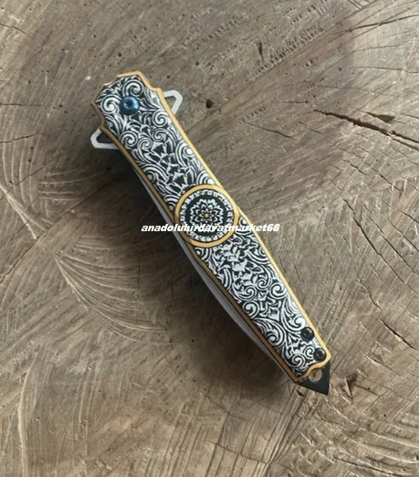 Alaska Carbon Çelik Özel Cep Çakısı Kamp Çakısı Özel İşlemeli Cep Bıçak 22cm Gri