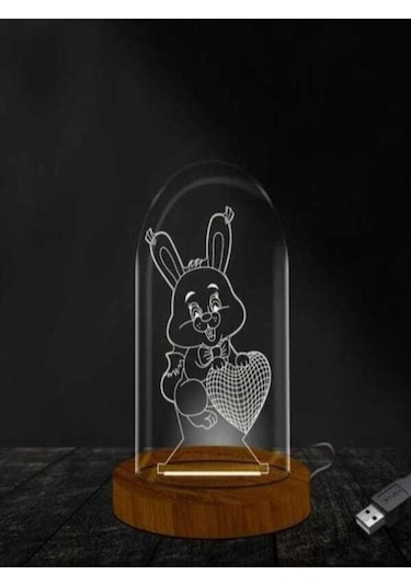 Kalp Tutan Tavşan Lamba Fanus 3 Boyutlu Ofiste Ve Ev Dekorasyonu Ahşap