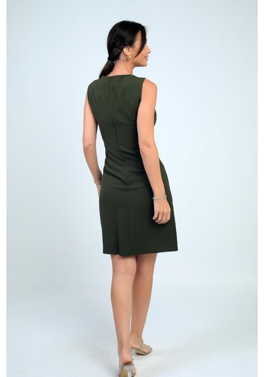 Kadın Kendinden Telalı Yan Düğmeli Kısa Elbise-41005 Haki