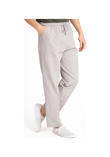 Erkek Ham Bez Lastikli Yüksek Bel Rahat Kalıp %100 Natural Pamuk Eşofman Alt Pantolon Alt Giyim 2188-Açık Gri