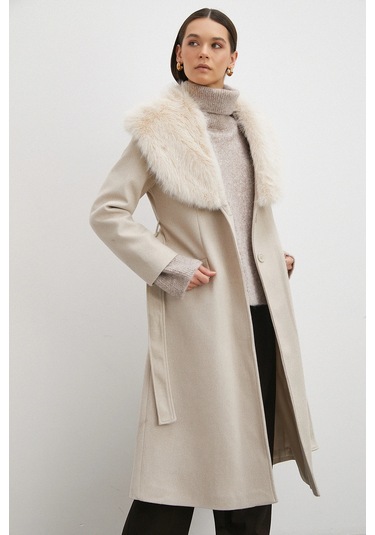 Kürk Yaka Kuşaklı Kaşe Kaban Bej Bej