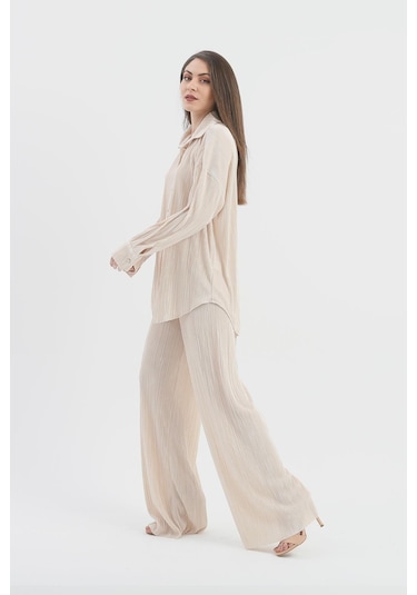 Düğme Detaylı Örme Pilise Takım - Bej-bej Bej