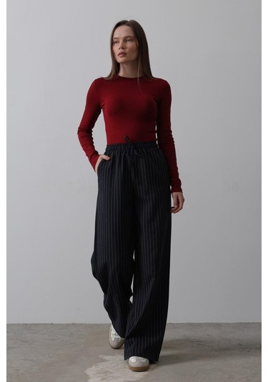 Beli Lastikli Bol Paça Pantolon - Lacivert-beyaz Lacivert - Beyaz