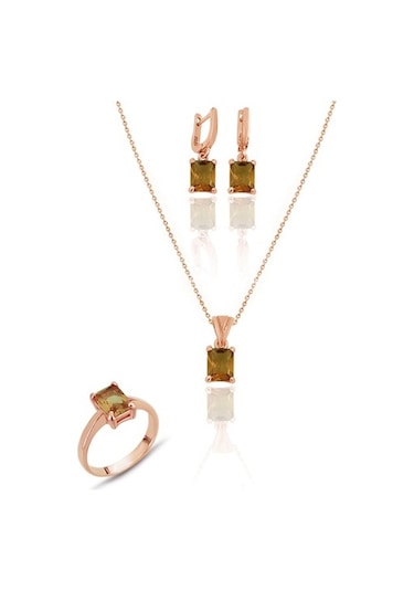 Sultanit Taşlı Rose Gümüş Üçlü Set Yüzük Küpe Ve Kolye Ucu Set-40