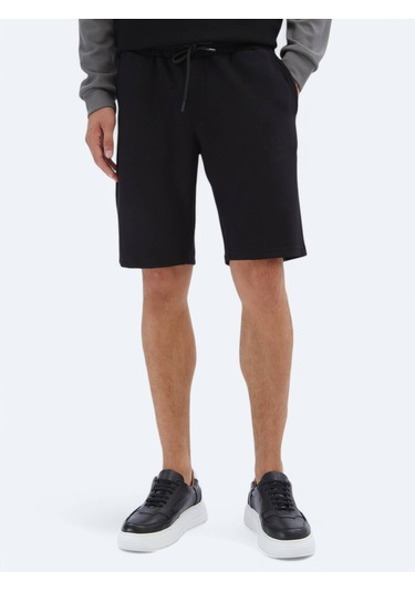 Siyah Düz Örme Jogging Fit Spor Bermuda Siyah