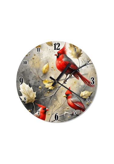 Kırmızı Kuşlar Ve Yapraklar Retro Duvar Saati Duvar Saati