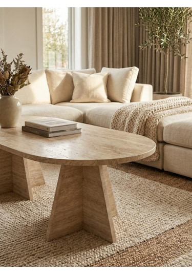 Modern Oval Orta Sehpa Traverten