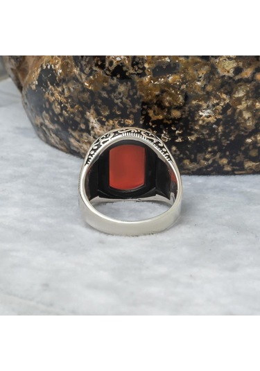 Grek Desenli Akik Taşlı 925 Gümüş Erkek Yüzük Beyaz