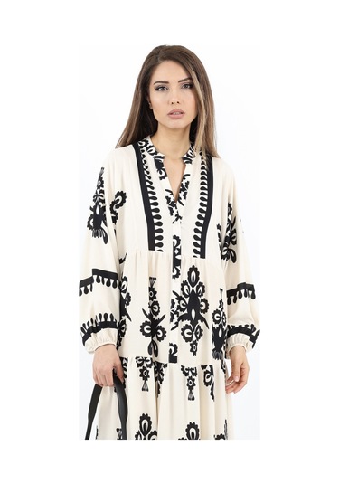 Prive Kadın Şal Desen Maksi Boy %100 Viskon Krem Siyah Uzun Elbise